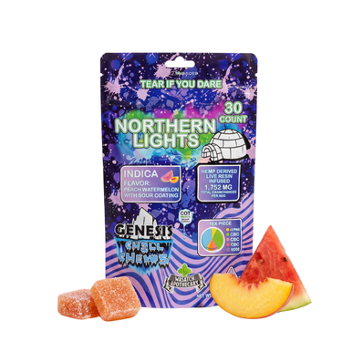 Wasatch Apothecary Chill Chews Northern Lights Peach Watermelon with Sour Coating  (Indica) D9 Full Spectrum THC Gummies [ 150mg/30ct]